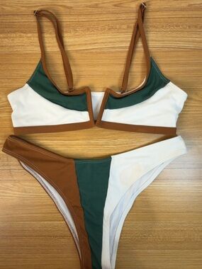 Zaful White and Brown Ribbed Bikini